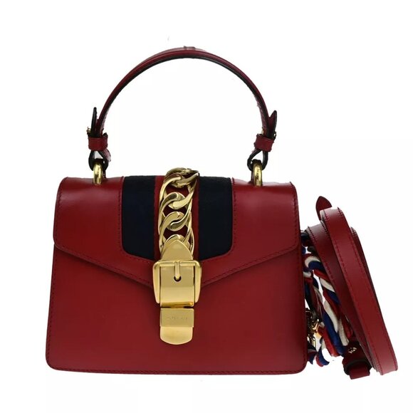GUCCI Logo Mini Sylvie Sherry 2Way Shoulder Hand Bag Leather Red GHW 53RK113 - Picture 1 of 16